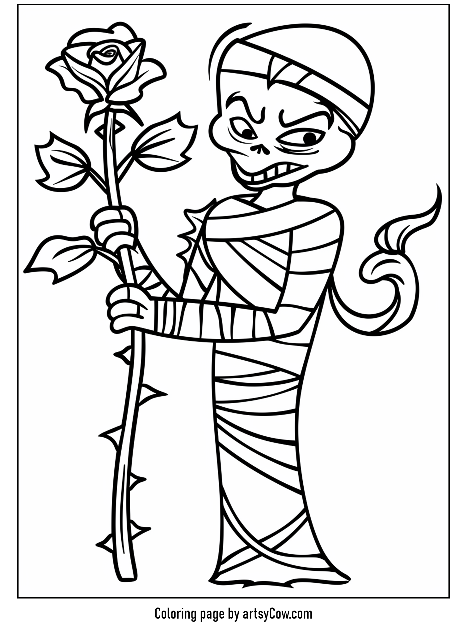 free halloween coloring pages for kids and adults, featuring a smiling mummy tenderly holding a rose.
